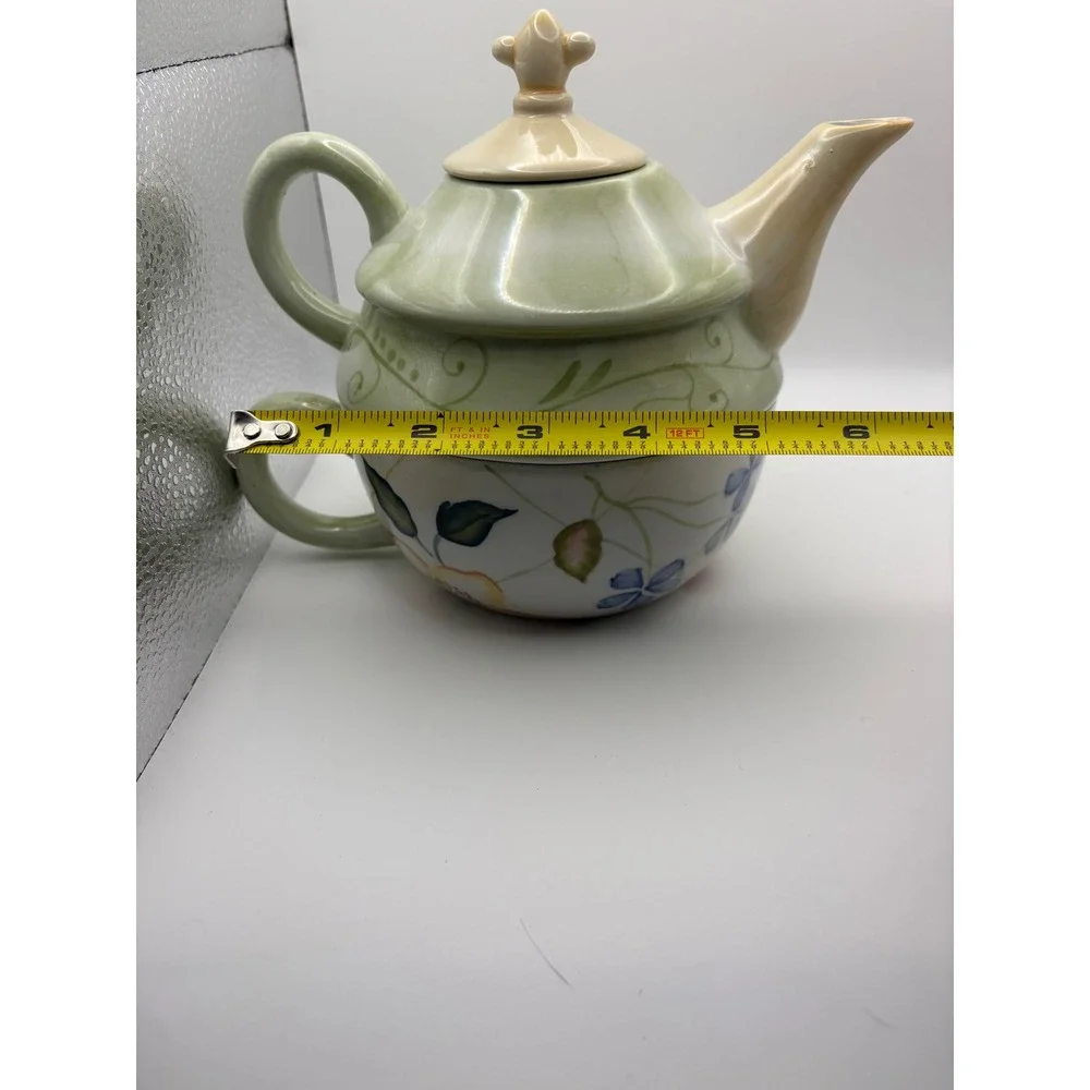 Tracy‎ Porter Hand Painted Ceramic Tea For One Set Stacking Teapot and Cup Green